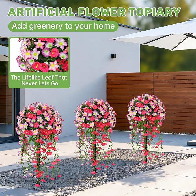 Grooy Artificial Plants Flowers Topiary Ball for Outdoor, 2 Pack Fake Silk Morning Glory Plant Bushes, UV Resistant Realistic Plants Shurbs for Outside,Front Porch,Patio,Yard(Pink)