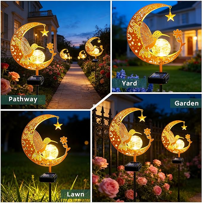 ZNYCYE Solar Garden Decor Outdoor Statue, Moon Fairy Garden Figurines with Hummingbird Design for Mom Women Grandma Solar Stake Lights for Patio, Yard, Lawn, Pathway (Warm White)