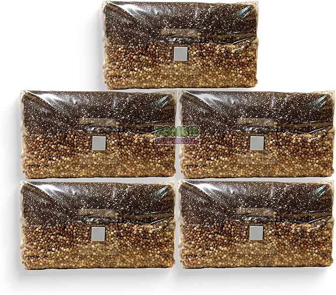 All‑in‑One Mushroom Grow Bag Kit – Sterilized Grain & CVG Substrate with Self‑Healing Injection Port – Beginner‑Friendly Mushroom Growing Kit to Grow Mushrooms at Home, 5 lb Mega Bag (5 Bags)