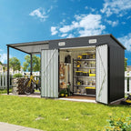 Aoxun 6x4FT Outdoor Storage Shed & Hardtop Gazebo Combo with Solar String Lights, 12x4FT Metal Lean to Shed with Pergola, 2-in-1 Durable Garden Tool Shed for Patio, Backyard, Deck