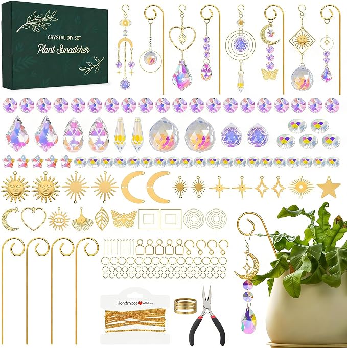 Sun Catcher Plant Hanger for Potted Plants Indoor, 6.7inch Metal Plant Trellis with Crystal Suncatcher for Garden Home Window