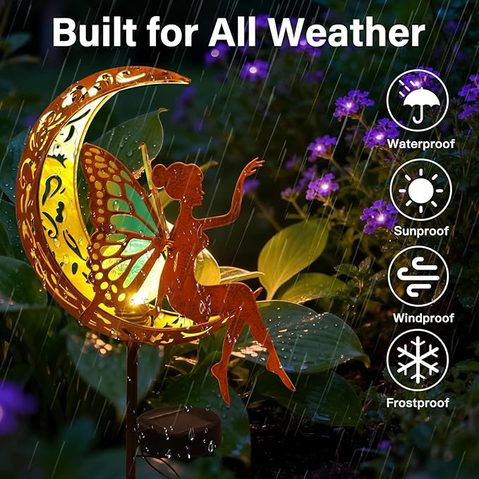 Solar Garden Statues Outdoor Decor with Butterfly Fairy & Moon, Cracked Glass Solar Light Stake, Gradient Wings, Gift for Mother's Day, Housewarming, Pathway & Patio Decor for Yard, Lawn & Garden