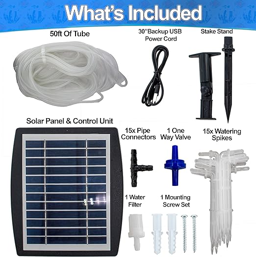 Solar Self Watering Plant Drip Irrigation System for 15 Plants Multiple Automatic Control Modes - Portable DIY Kit for Indoor/Outdoor Gardens, Patios, Balconies, and Vacation Plant Care