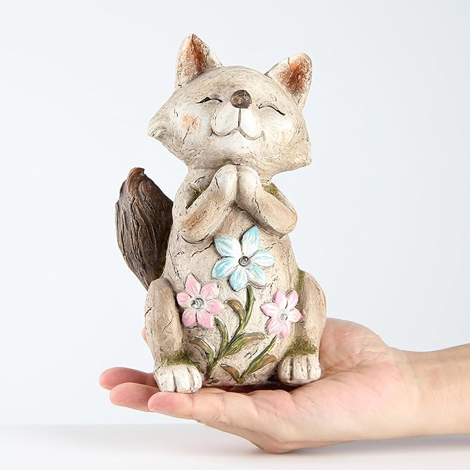 Smadeer Fox Statue for Garden Decor, Garden Statue with Solar Power Light for Outdoor Patio Porch Lawn Yard Backyard Oudside Indoor Shelf Decoration,Praying Fox Sculptures & Statues Woman
