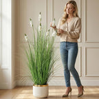 Artificial Plants Indoor Tall Grass Plants with Hyacinth Flower 47.2In Tall Artificial Ornamental Grass Green Onions Outdoor Fake Plants with Black Pot Home Office Decorative (1 Pack,White)