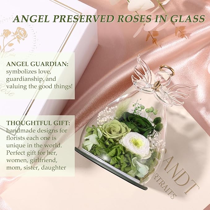 FIACO Gifts for Women Birthday Preserved Rose Forever Flower in Glass Angel Figurines Fresh Flowers for Delivery Prime for Mom Real Green Roses for Grandma Sister Wife Her from Daughter