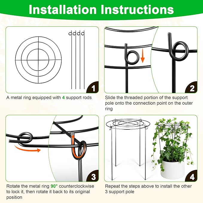 6 Pack Peony Cages and Supports, 12'' x 20'' Metal Removable Grid Flower Support Cage Set, 4-Leg Outdoor Plant Stake for Garden Peonies Tomato Hydrangea Strawberry (Black)