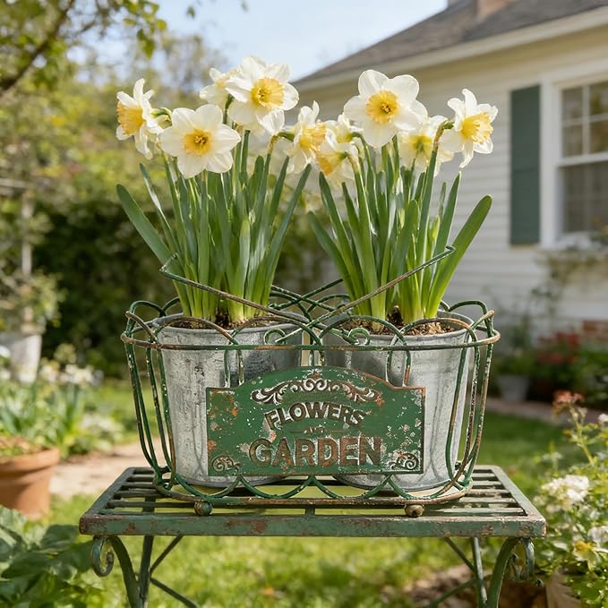 Vintage 2-Piece Metal Planter Set, Distressed Green Iron Wire Basket with Flowers Garden Sign, Rustic Farmhouse Plant Pots for Tabletop, Window Sill & Balcony Decor (Green)