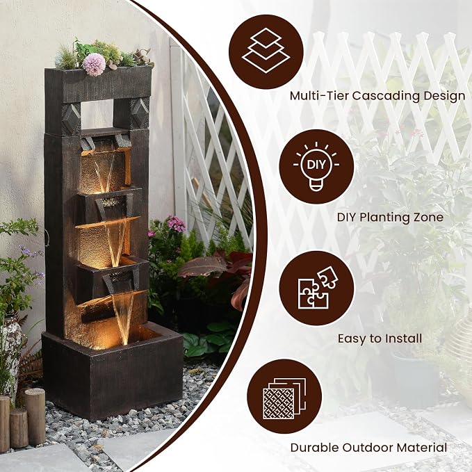 Bumilgar 40.9" H 4-Tier Indoor/Outdoor Modern Water Fountain with Led Lights and Pump, Outdoor Freestanding Cascading Waterfall - Suitable for Garden, Patio, Porch, Yard and Outdoor Decor (Brown)