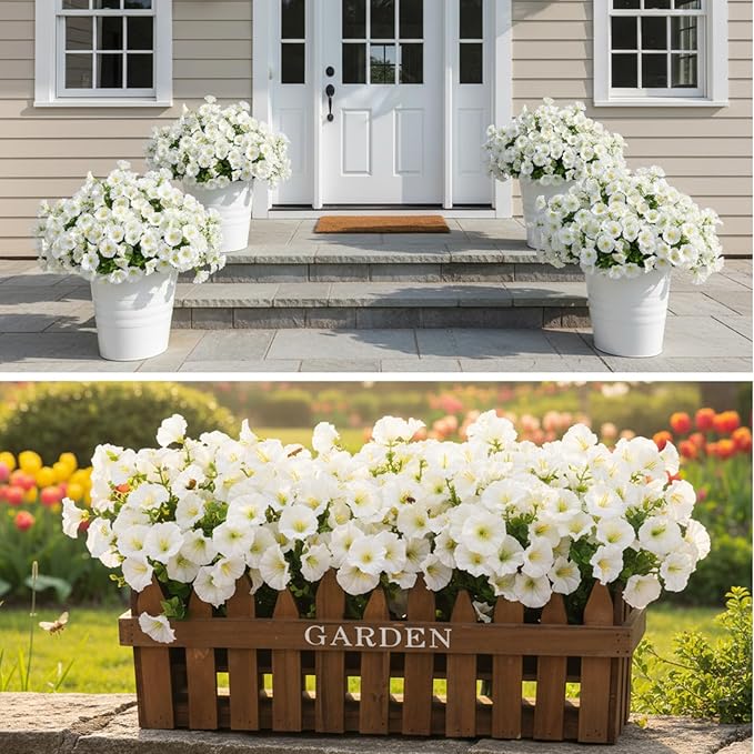 CEWOR 24 Bundles Artificial Flowers for Outdoor Indoor, Fake Silk Morning Glory with Eucalyptus Leaves, Faux Flower for Garden Front Door Porch Planter Patio Home Decor (White)