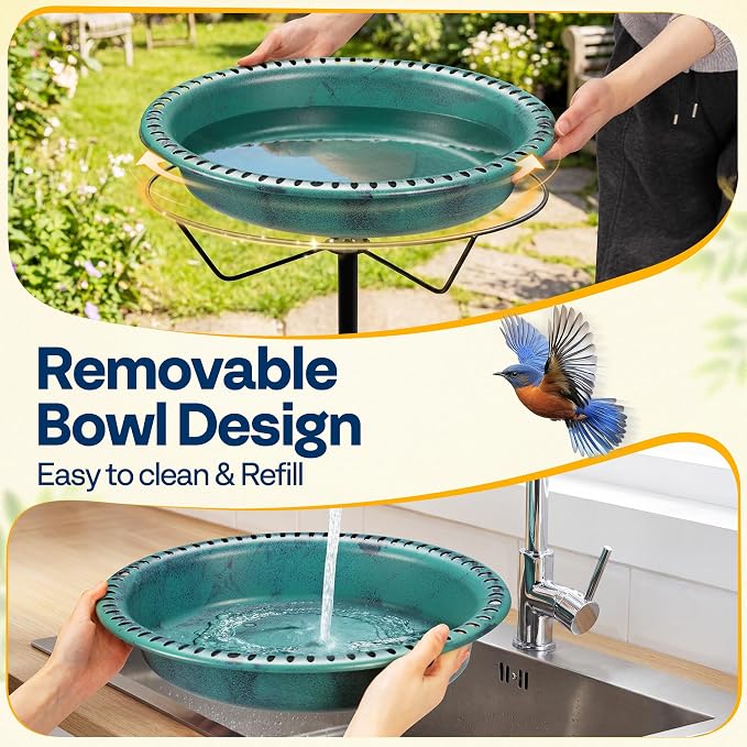 VIVOHOME Oval Bird Bath for Outside, Outdoor Birdbath Bowl with Metal Ground Stake, Weather-Resistant ABS Bird Bath and Feeder for Garden, 1.3 Gallons, Green