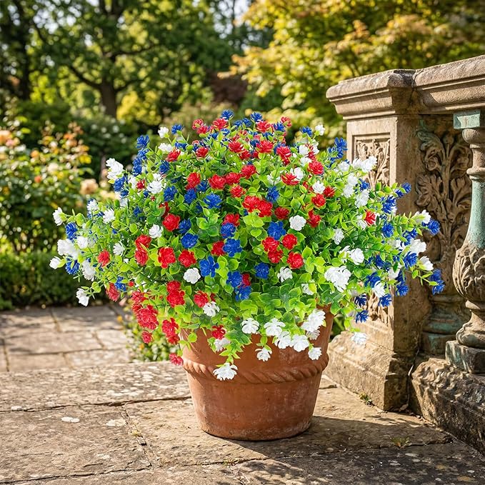 Hananona 12 Pcs Artificial Flowers Outdoor, Faux Artificial Plants UV Resistant Plastic PatrioticFlower for Hanging Planter Porch Window 4th of July Decor (12, Red, White, Blue)