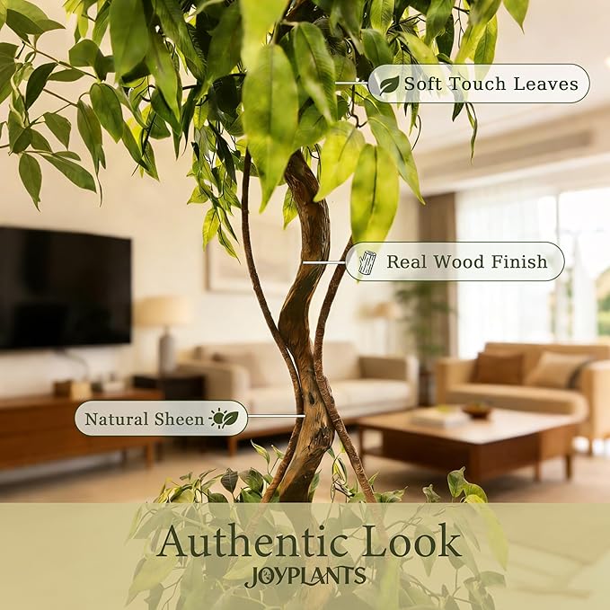 6FT Artificial Ficus Tree with White Pot, Tall Faux Ficus Plant with Realistic Natural Trunk and Lifelike Green Leaves, Indoor Fake Silk Tree for Home, Office, Living Room, or Corner Decor