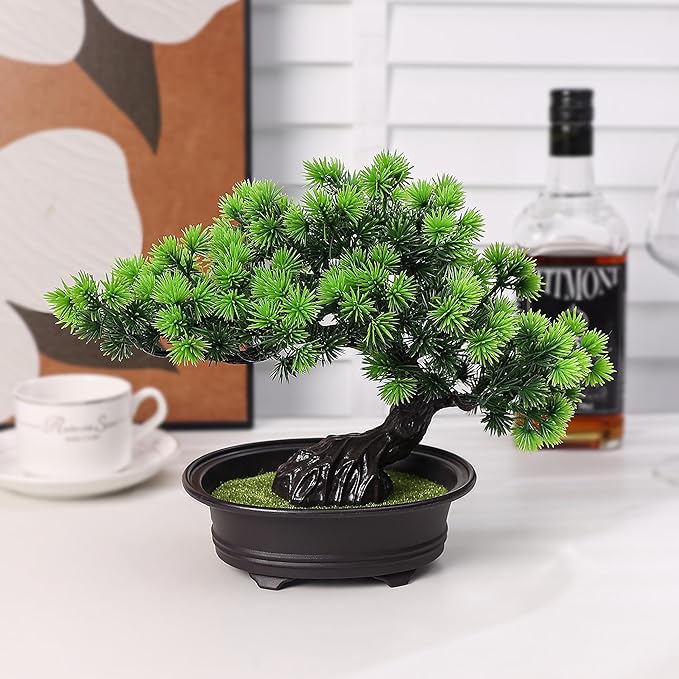 Artificial Bonsai Tree Fake Plants for Home Decor, Living Room Bathroom Bookshelf Entryway Table Wall Shelf Modern Farmhouse Decor, 9.5" Tall, Green