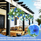 Artificial Flowers Hanging Baskets for Outdoors, 5PCS UV Resistant Faux Outdoor Plants, Fake Petunias Silk Flowers for Garden Balcony Yard Porch Decor (White Blue)