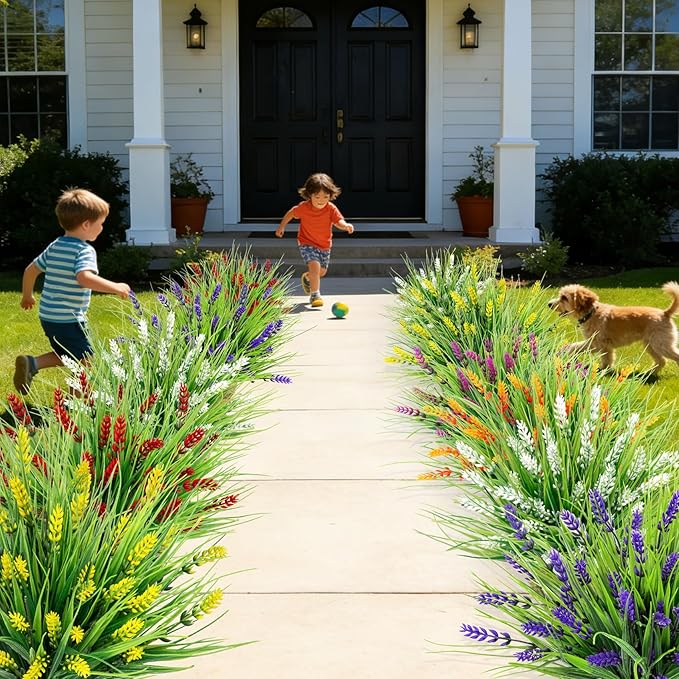 Roberly 24 Bundles Artificial Plants Outdoor, Fake Lavender Flowers UV Resistant Faux Shrubs Plastic Flowers Fake Greenery Plants for Porch Garden Window Box Home Indoor Outdoor Decorations, Mixed