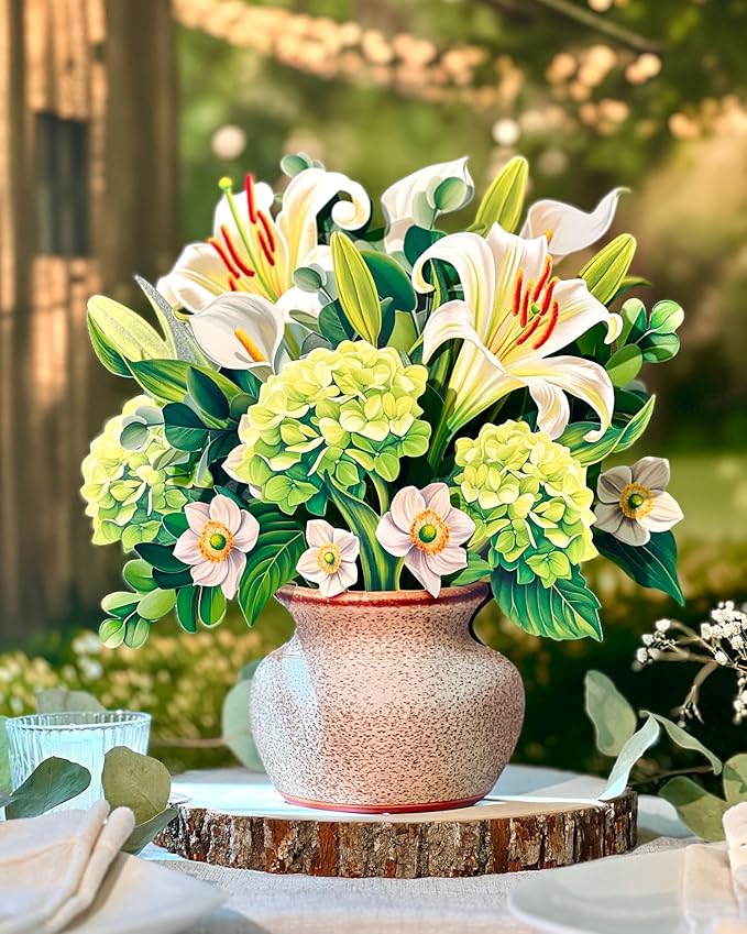 Freshcut Paper Pop Up Cards, Ivory & Sage, 12 Inch Life Sized Forever Flower Bouquet 3D Popup Greeting Card, Birthday Cards, Get Well Gifts, Blank Notecard & Envelope