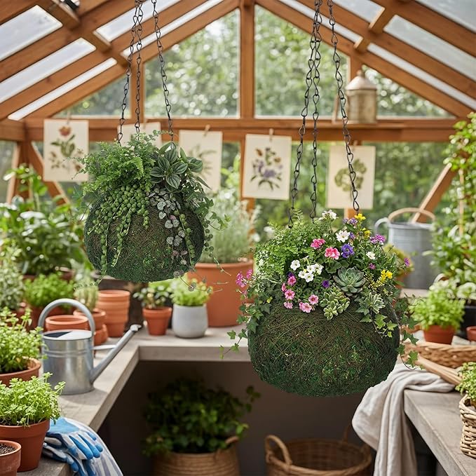 2 Pack 6 Inch Kokedama Moss Ball Planter Orchid Pots Hanging Orchid Planter Basket Moss Ball Hanging Baskets for Plants Outdoor Woven Plant Holder for Indoor Home Garden Balcony Decor