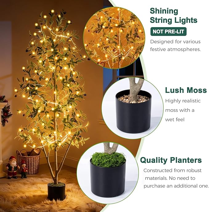 Olive Trees Artificial Indoor, 6FT Tall Faux Olive Tree with Moss and Planter, Artificial Plants Indoor with Natural Wood Trunk and Lifelike Fruits, Fake Tree for Home Office Living Room Decor