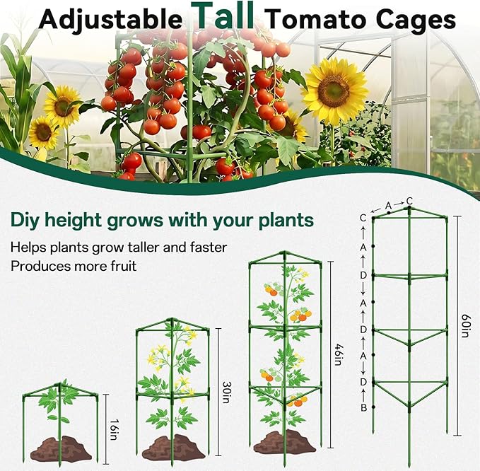 Halatool 6 Pack Tomato Cages for Graden 60 Inch, Adjustable Metal Tall Heavy Duty Tomato Trellis Plant Support, Foldable Tomatoes Stakes for Climbing Vegetables Flowers Fruits