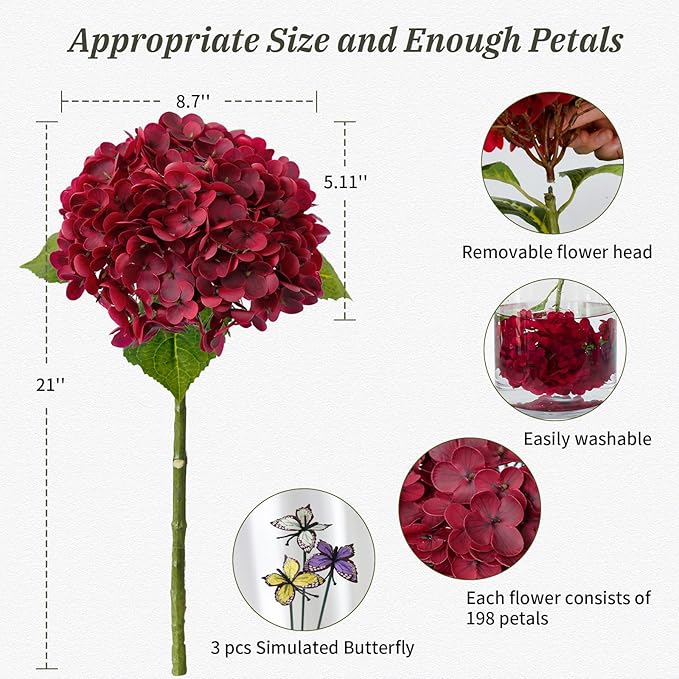 Leftover 3 Pcs Fall Hydrangea Artificial Flowers,21" Real Touch Faux Hydrangea Flowers and 3 PCS Butterflies Fall Hydrangea Stems,Fall Floral Arrangement Centerpiece Table,Wedding,Home Decor