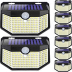 HMCITY 120 LED Outdoor Solar Lights with Motion Sensor and 3 Lighting Modes, IP65 Waterproof Wide Solar Wall Lights Ideal for Garden Patio Yard (Front Button 8Packs, Black Shell-Daylight White)