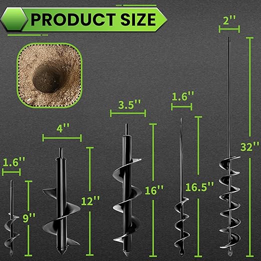5PCS Garden Auger Drill Bit Set - 1.6x9 & 1.6x16 & 4x12 & 3.5x16 & 2x32 inch Planting Auger, Spiral Drill Bit, Bulb Planter, Post Hole Digger