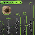 5PCS Garden Auger Drill Bit Set - 1.6x9 & 1.6x16 & 4x12 & 3.5x16 & 2x32 inch Planting Auger, Spiral Drill Bit, Bulb Planter, Post Hole Digger
