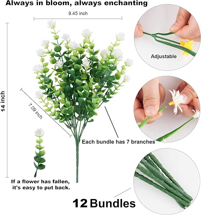 Artificial Flowers for Outdoors Fake Plants - 12 Bundles Faux Outside Greenery Boxwood No Fade Plastic Shrubs Fall Decor Farmhouse Home Garden (White)