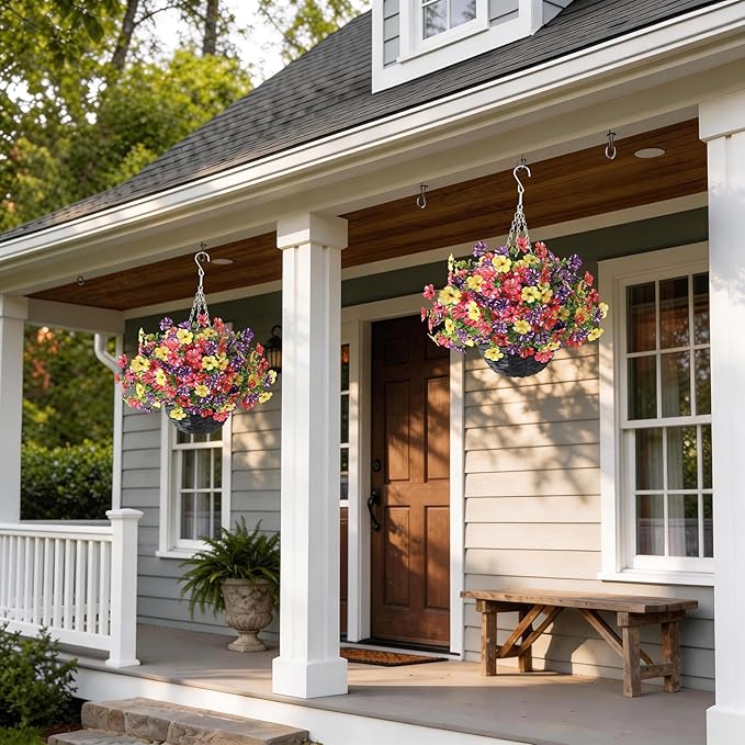 Artificial Flower & Eucalyptus with Hanging Basket - 2PCS Faux UV Sun Resistant Morning Glory in Planter, Fake Colorful Silk Flowers for Spring Summer Porch Patio Balcony Yard Decor (Mixed Color)