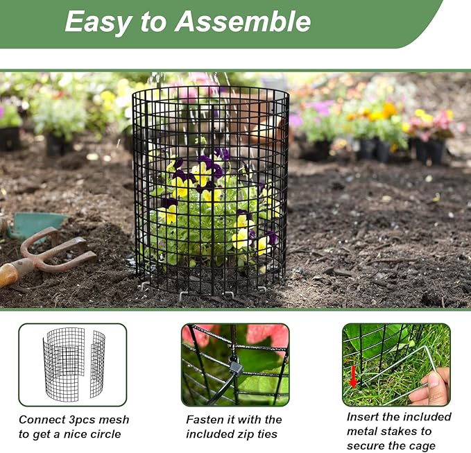 10 Pack Plant Protector from Animals, 13.5" Dia x 14" H Wire Plant Protectors, 30pcs Pre-Bent Metal Mesh to Keep Animals Out with Zip Ties & Stakes (10 Packs)