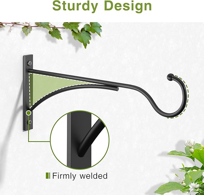 saffruff 11 Inch Heavy Duty Plant Hangers Outdoor, Metal Plant Brackets for Hanging Baskets, Plant Wall Hooks for Bird Feeders, Wind Chimes & Lanterns, Premium Metal Hooks Matte Black, 30lbs Capacity