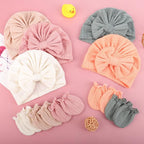 BQUBO Baby Turban Hats and Mittens Set Newborn Infant Hospital Hats Caps with Bows for Baby Boys Girls 0-12 Months
