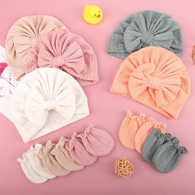 BQUBO Baby Turban Hats and Mittens Set Newborn Infant Hospital Hats Caps with Bows for Baby Boys Girls 0-12 Months