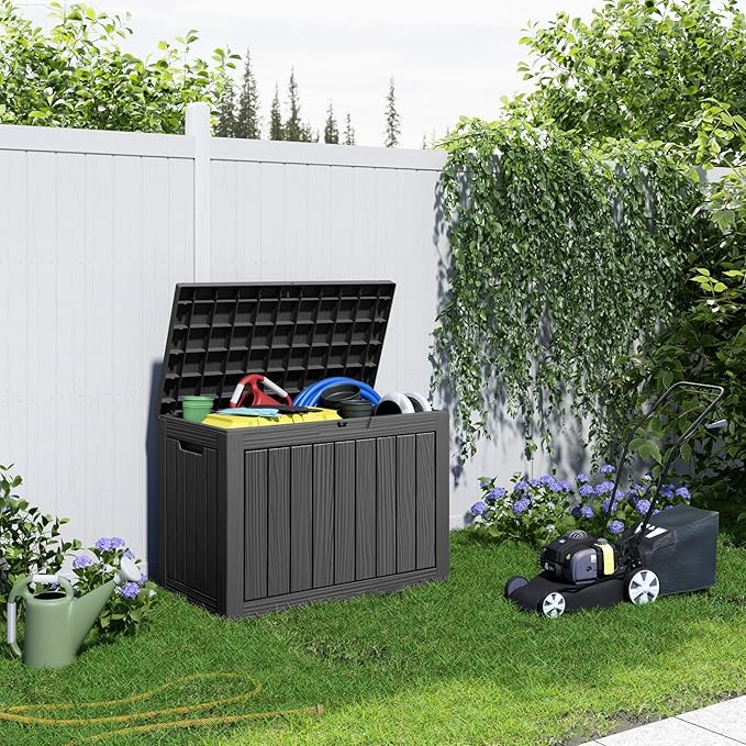 PatioZen 45 Gallon Resin Deck Box, Lockable Patio Outdoor Storage Box for Furniture, Garden Tools and Tools Storage, Waterproof Outside Storage Boxes - Black