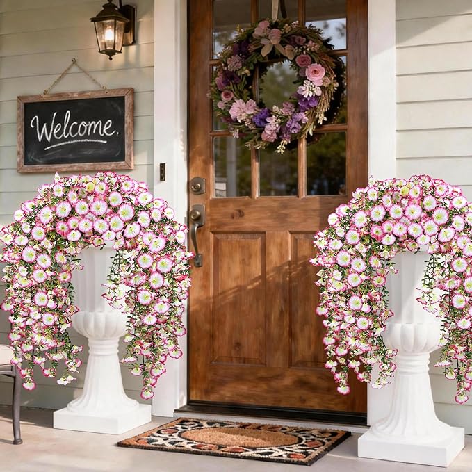 Artificial Hanging Flowers for Outdoors, 4 PCS 600 Blooms UV Resistant Morning Glory Faux Silk Vines, No-Odor Realistic Fake Plants for Garden Planter Porch Patio Decoration, Pink