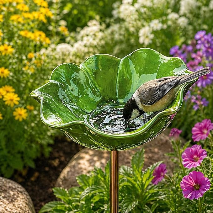 Handmade Metal Flower Garden Stake Metal, Decorative Bird Bath and Bee Watering Station with Flower Design for Outdoor Yard Garden Decor (Green)