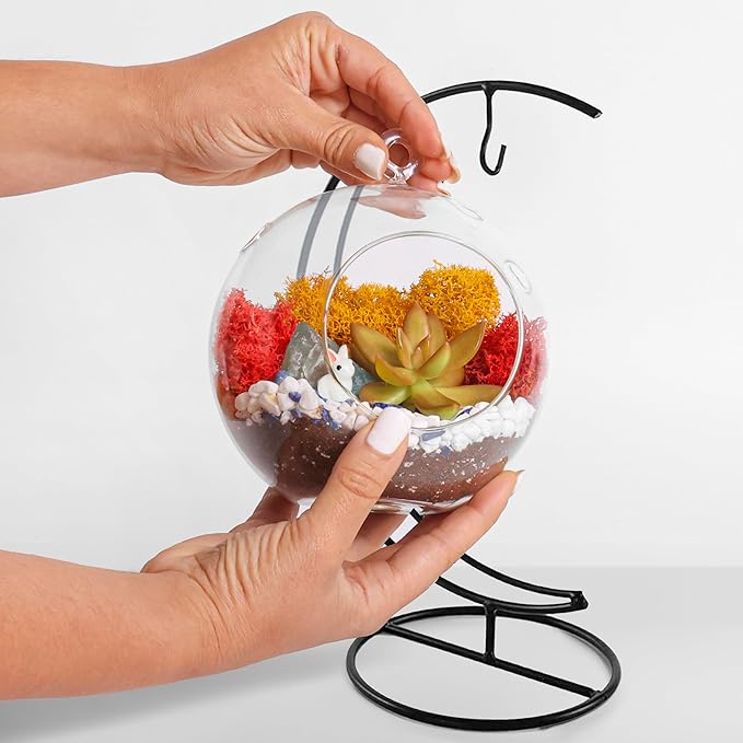 Creations by Nathalie - 5" Glass Globe Succulent Terrarium Kit, Hanging DIY Starter Kit for Kids and Adult, Metal Stand, Reindeer Moss, Crystal & Rocks, Tools, Figurine (Live Plant Included)