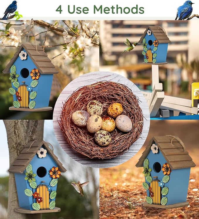 Bird Houses for Outside,Wooden Blue Birdhouse,Decorative Birdhouses for Outdoors,Hanging Bird Houses,Bird Box Nest,Humming Bird House for Outside,Bird Gifts for Bird Lovers