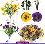 18 Pcs Artificial Fake Pansy Flowers for Outdoor, Faux UV Resistant Silk Pansies Flowers for Outside Planter Front Door Porch Yard Patio Window Box Home Decor (18, Yellow,Purple)
