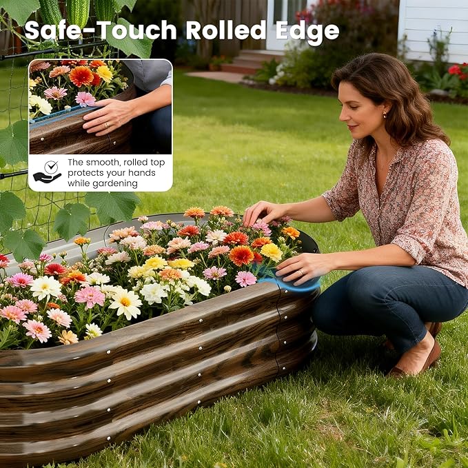 3 in 1 Galvanized Raised Garden Bed with 87" H Arch Trellis for Climbing Plants, Outdoor Gardening Planter Box with Climbing Net for Flower Vegetables Fruits Herbs, Wood Grain