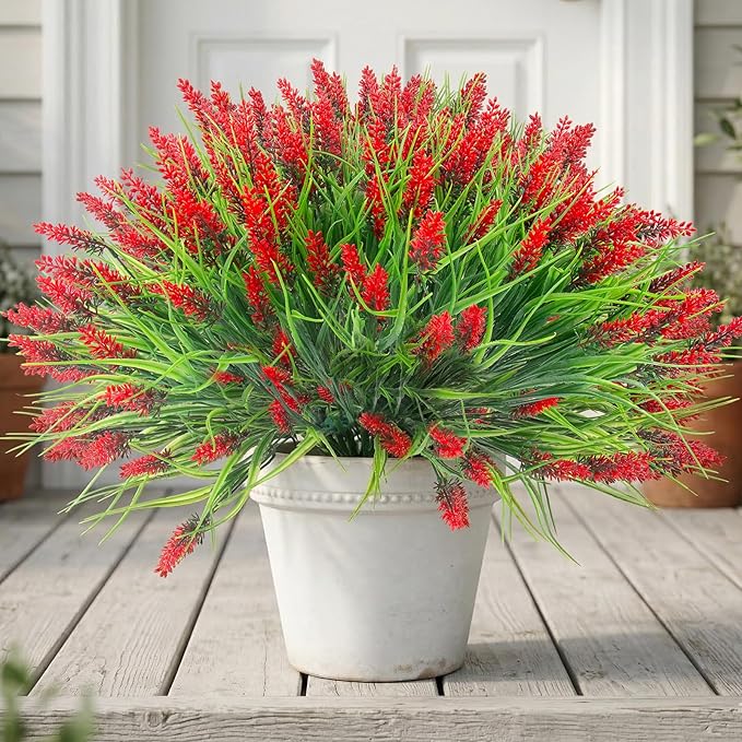 22 Pcs Artificial Outdoor Flowers Fake Outdoor Plants Monkey Grass with Red Flowers for Pot Decor for Window Garden Patio Hanging Planter Pathway Front Porch (22, Red)