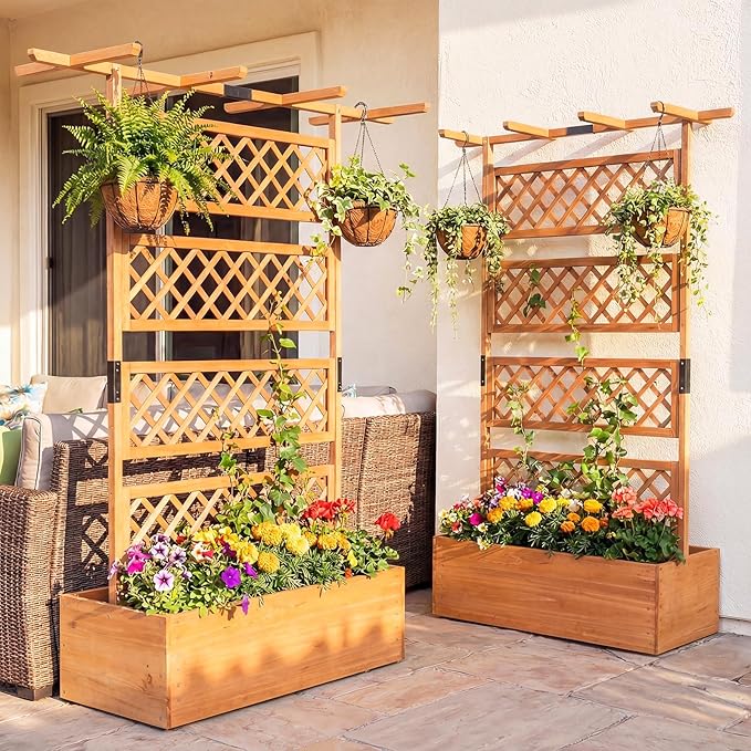 Giantex Raised Garden Bed with Trellis, 72'' Wooden Planter Box Outdoor w/Privacy Screen Roof, Large Vertical Garden Planter w/Drainage Holes for Climbing Plants, Patio Balcony Backyard
