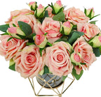 Faux Flowers with Vase, Silk Roses Bouquet Artificial Flowers in Vase, Fake Flowers Floral Arrangement for Home Decor Indoor, Table Centerpieces Flowers Decoration for Farmhouse (Pink)
