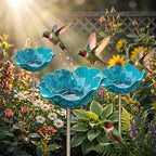 24" Handmade Metal Flower Garden Stake Bird Bath - Detachable Anti-Slip Bee Watering Station & Butterfly Puddler - Rustic Outdoor Art, Garden Gift for Bird Watchers, Mom & Seniors (Blue 3pcs)
