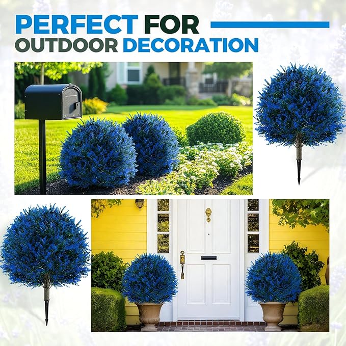 Lunmon 2 Pack 24" Artificial Topiary Ball Plants Trees with Flowers, Outdoor Fake Topiary Plants with Ground Spike, UV Resistant Faux Bushes for Indoor Outdoor Front Door Decor(Blue,Lavender)