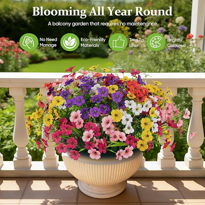 24 Bundles Lifelike Outdoor Artificial Flowers, UV Protected No Fade Fake Silk Plants for Spring Summer, Realistic Faux Flowers for Garden Porch Patio Decorations (6 Color Mix)