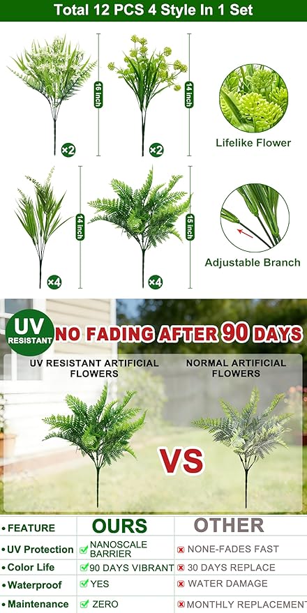 TURNMEON 12 Bundles 4 Styles Fake Plants Artificial Plants Outdoor, UV Resistant No Fade Fake Flowers Outdoor Faux Plants Boston Fern Lavender Plastic Greenery Shrubs for Outside Gardens Home Porch