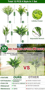 TURNMEON 12 Bundles 4 Styles Fake Plants Artificial Plants Outdoor, UV Resistant No Fade Fake Flowers Outdoor Faux Plants Boston Fern Lavender Plastic Greenery Shrubs for Outside Gardens Home Porch