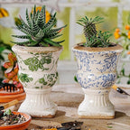 Sungmor Small Ceramic Urn Planter - Green Scroll Floral Pedestal Flower Pot, Decorative Vintage Chinoiserie Style Planters, Tuscan Accent Vase Indoor Outdoor Plant Holder with Drainage